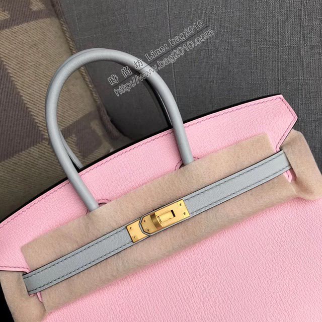 Hermes女包 愛馬仕經典款Birkin拼色女包 進口原廠Chevre山羊皮 櫻花粉拼珍珠灰 拉絲金扣 頂級純手工蠟線縫製  am2063